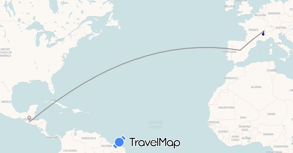 TravelMap itinerary: driving, plane in Switzerland, Spain, France, Guatemala (Europe, North America)